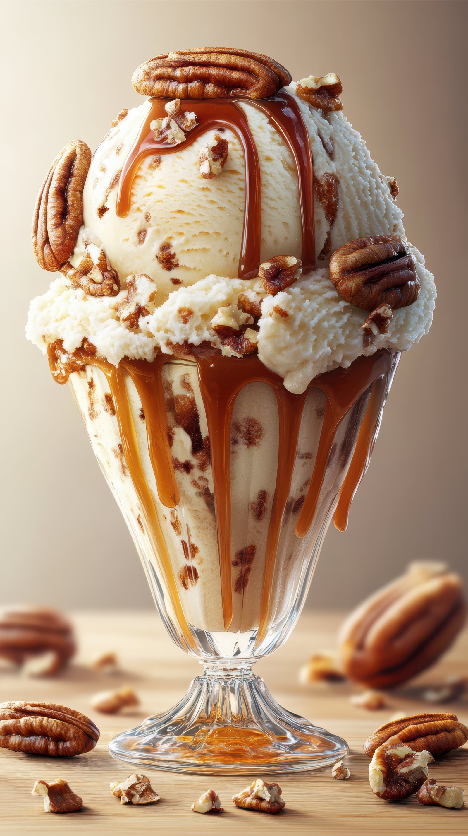 A glass of vanilla ice cream with pecans and caramel sauce sits on a wooden table